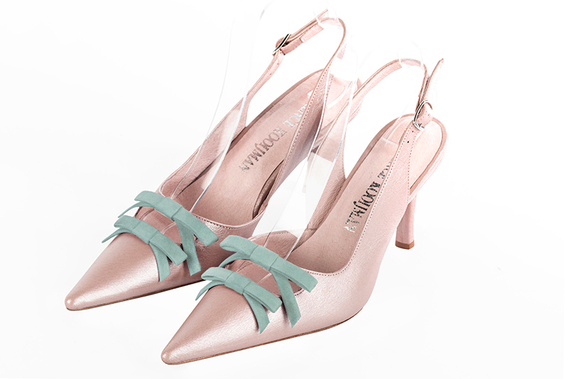 Powder pink and aquamarine blue women's open back shoes, with a knot. Pointed toe. High slim heel. Front view - Florence KOOIJMAN